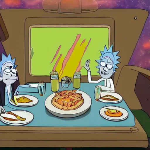 Image similar to rick and morty having dinner in spaceship metallic, layered paper style