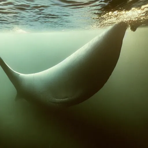 Image similar to underwater photo by national geographic and mort kunstler and annie leibovitz and monia merlo, a stunning blue whale completely covered in a long billowing flowing white sheet swimming through the ocean, backlit, 4 d, 4 k, volumetric lighting, photorealistic, light ray, hyperdetailed