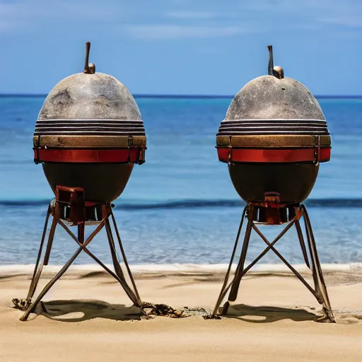 Image similar to two oblong woks on a beach, photorealistic, 8k