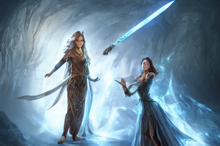 Prompt: ultra detailed fantasy, a beautiful magician with a fireball in right her hand, an ice sword in her left hand, realistic, dnd, rpg, lotr game design fanart by concept art, behance hd, artstation, deviantart, global illumination radiating a glowing aura global illumination ray tracing hdr render in unreal engine 5