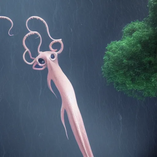 Prompt: a giant squid octopus chimea hanging from the clouds over a rain forest, still from the movie the arrival, 8k