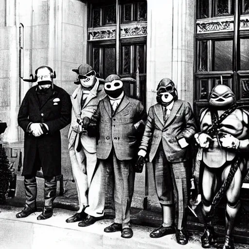 Prompt: Winston Churchill and the Teenage Mutant Ninja Turtles signing a peace treaty in the house of Parliament