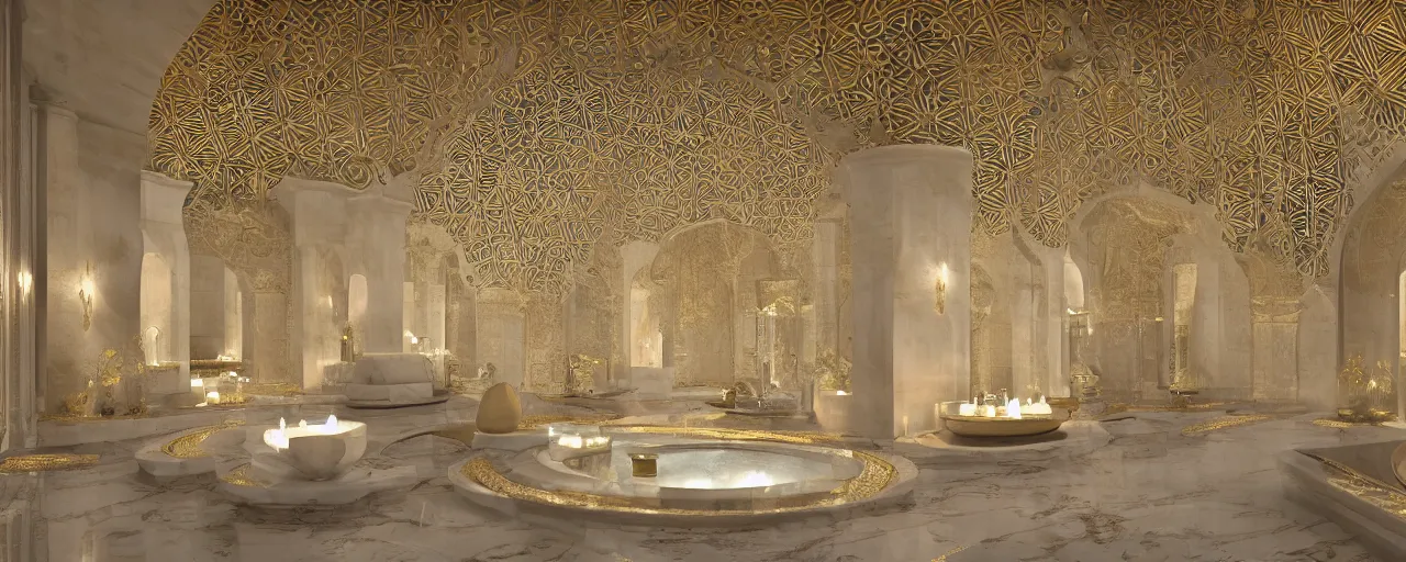 Prompt: interior of a double height hyper luxury spa with everything made of gold, candles, beige stone marble floor, wellness relaxation pool, intricate hieroglyph detailed roof, contemporary design, sacred geometry, 8 k, hyperrealistic, photorealism, windows with view to wadi al disah mountains