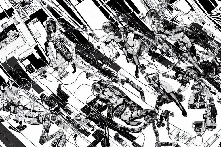 Prompt: a cyberpunk illustration of a group of female androids in style of masamune shirow, lying on an empty, white floor with their bodies scattered across in different poses and cables and wires coming out, by yukito kishiro and katsuhiro otomo, hyper-detailed, intricate, view from above