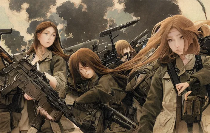 Prompt: war movie scene, squad, infantry girls, anime style, long hair, hair down, symmetrical facial features, explosions, wallpaper, from girls frontline, hyper realistic, pale skin, rule of thirds, extreme detail, high resolution, detailed drawing, trending artstation, hd, trading card, by alphonse mucha, greg rutkowski, backlit