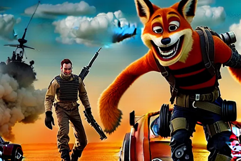 Image similar to nick wilde, heavily armed and armored facing down armageddon in a dark and gritty reboot from the makers of mad max : fury road