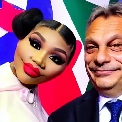 Prompt: viktor orban happy to pose for a photo with nicki minaj, highly detailed, hyper realistic