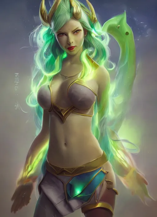 Image similar to silly soraka, from league of legends, health supporter, hyper detailed, green aura in wand, au naturel, digital art, trending in artstation, cinematic lighting, studio quality, smooth render, unreal engine 5 rendered, octane rendered, art style by klimt and nixeu and ian sprigger and wlop and krenz cushart