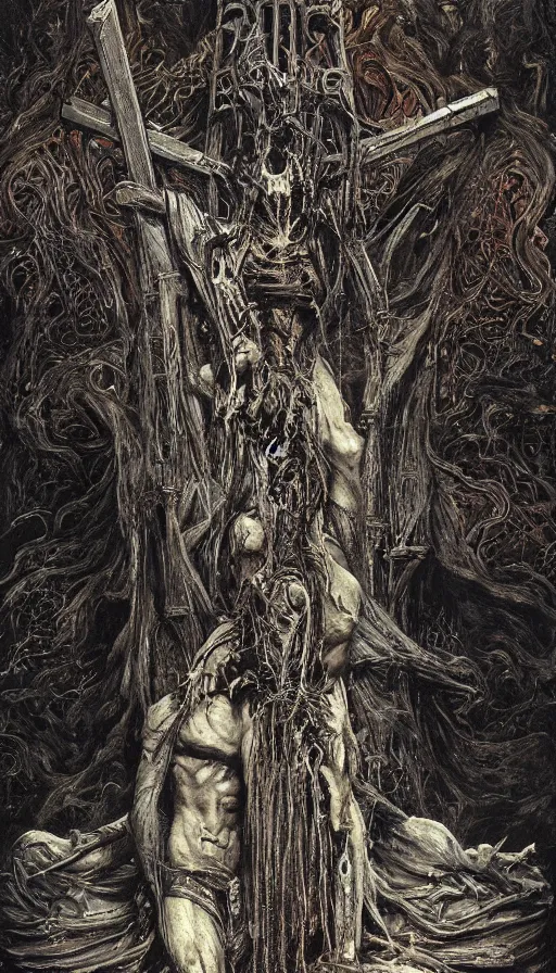 Image similar to Scorn themed painting of unholy darkness crucifixion concept, intricate artwork by H.R. Giger, Johnatan Wayshak, Zdizslaw Beksinski, Ayami Kojima, Amano, Karol Bak, Moebius, and Mark Brooks, Neo-Gothic, gothic, rich deep colors, art by Takato Yamamoto, masterpiece, face by Artgerm, very coherent artwork, cinematic, hyper realism, high detail, octane render, unreal engine, 8k, High contrast, golden ratio, trending on cgsociety