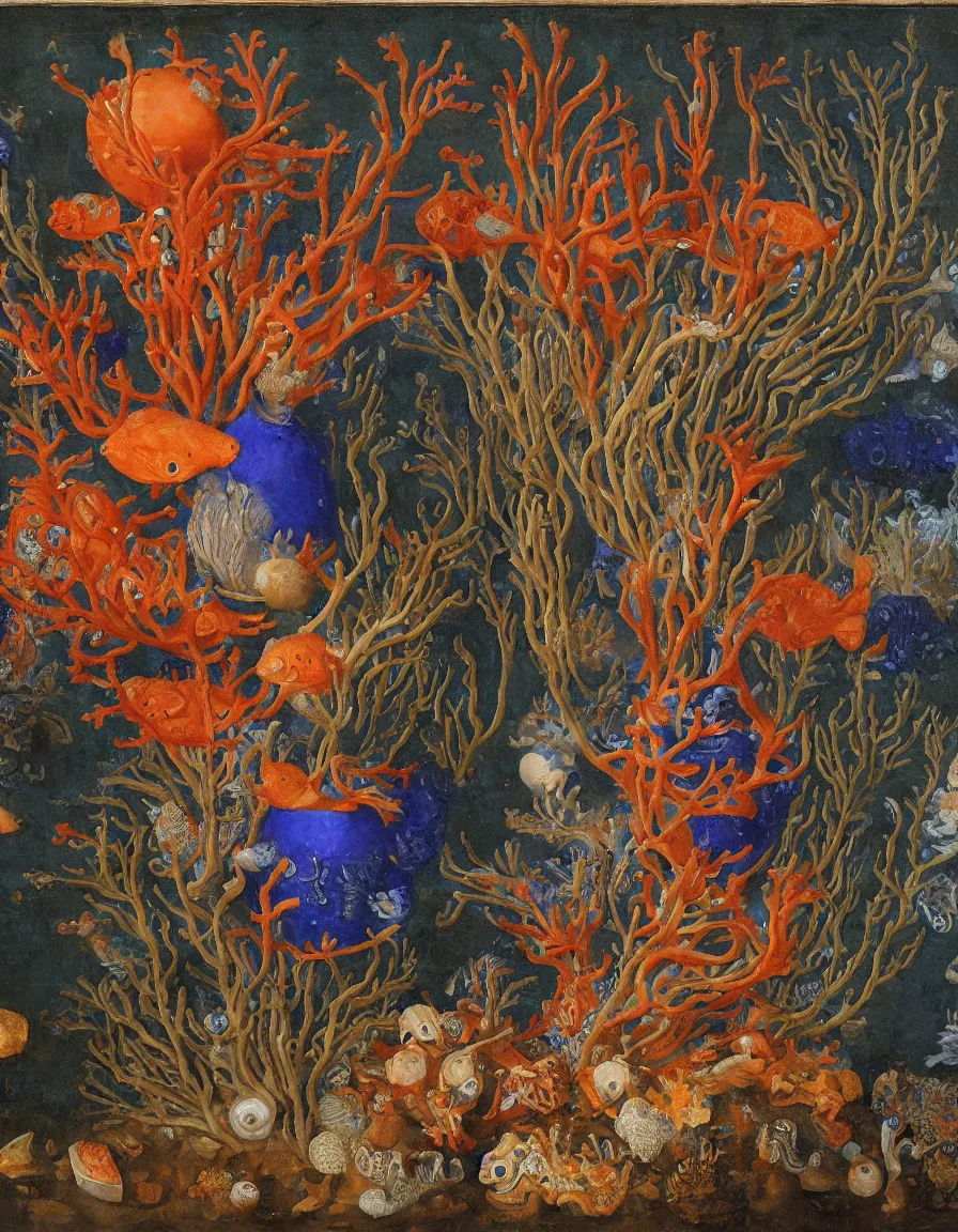 Prompt: bottle vase of coral under the sea decorated with a dense field of stylized scrolls that have opaque outlines enclosing mottled blue washes, with orange shells, purple fishes and siphonophores, Ambrosius Bosschaert the Elder, oil on canvas, hyperrealism, around the edges there are no objects