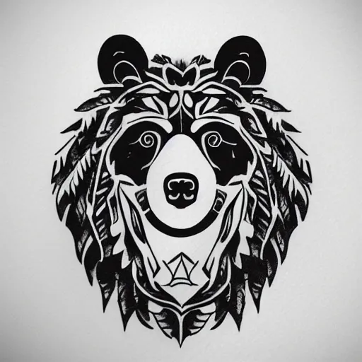 Image similar to concept tattoo design, stencil, bear, wreath surrounding bear