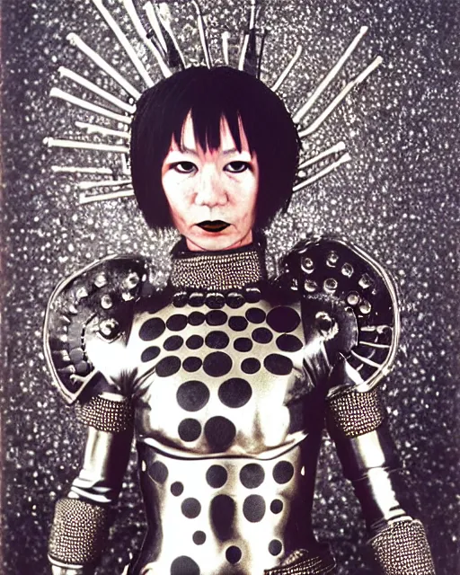 Image similar to portrait of a skinny punk goth yayoi kusama wearing armor by simon bisley, john blance, frank frazetta, fantasy, thief warrior, sparkles glitter