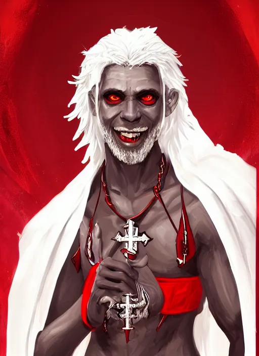 Image similar to a highly detailed illustration of sadistic white haired tanned african priest wearing white robe with red cross design, wielding divine bloody sword, evil smile, gothic church background, intricate, elegant, highly detailed, centered, digital painting, artstation, concept art, smooth, sharp focus, league of legends concept art, wlop