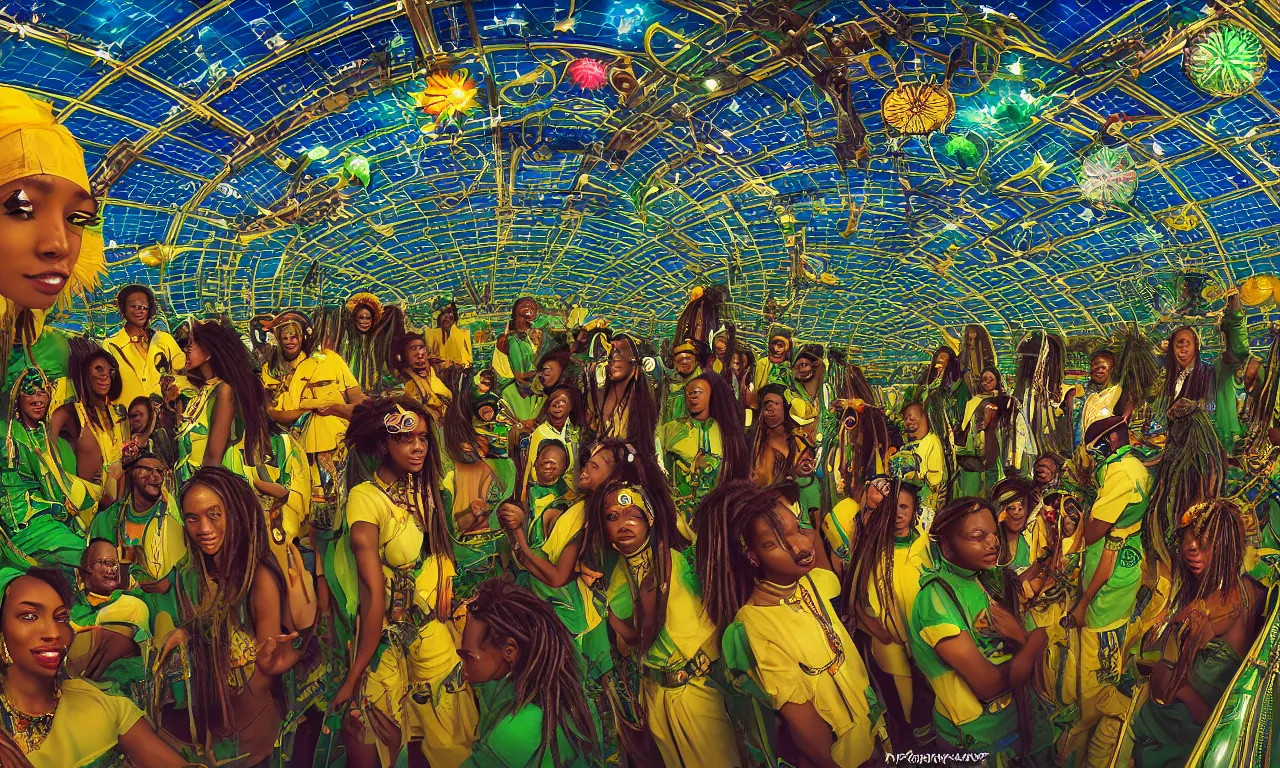 Prompt: very very beautiful portrait inside a rastafarian space-station, utopian society, diverse skin colors, in harmony with nature, solarpunk, community celebration, with detailed realistic smiling faces, surrounded by advanced elegant factory machinery, galaxy and stars visible through the hexagonal glass roof, biomechanical, symmetrical, sunrise, golden ratio, elegant, visionary, streamlined, elite, lush, atmospheric, volumetric lighting, haunting, wide angle, cinematic, trending on artstation, unreal engine, 8k, vivid and vibrant