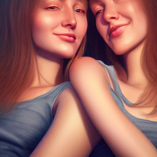 Image similar to intricate beautiful hyperreal portrait of identical twin women, smiling softly, casual clothes, relaxing on the couch, home interior, golden hour, close up shot, 8 k, art by irakli nadar, hyperrealism, hyperdetailed, ultra realistic