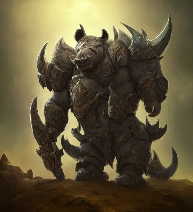 Image similar to “a well rendered anthropomorphic chibi sized rhinoceros portrait, world of Warcraft armor, subject in the center of the frame, rule of thirds, golden ratio, elegant, digital painting, octane 4k render, zbrush, hyperrealistic, artstation, concept art, smooth, sharp focus, illustration from World of Warcraft by Ruan Jia and Mandy Jurgens and Artgerm and William-Adolphe Bouguerea”