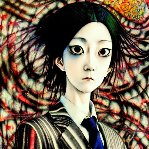 Prompt: yoshitaka amano blurred and dreamy realistic three quarter angle portrait of a woman with white hair and black eyes wearing dress suit with tie, junji ito abstract patterns in the background, satoshi kon anime, noisy film grain effect, highly detailed, renaissance oil painting, weird portrait angle, blurred lost edges