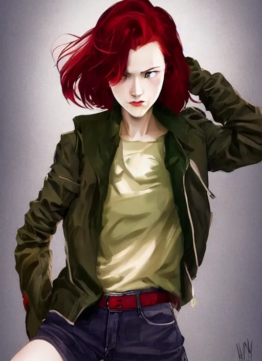 Prompt: full-body shot of an attractive tomboy girl with long, crimson red hair and red eyes, wearing a brown, open jacket and green jeans with a stern look, concept art, character design, by WLOP, by Ross Draws, by Tomine, by Satoshi Kon, by Rolf Armstrong, by Peter Andrew Jones