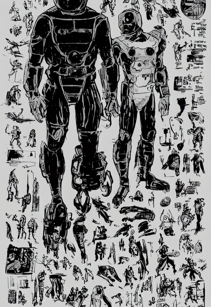 Image similar to male, heroic figure, space suit, science fiction, sketch, character sheet, very stylized, upa style, digital art, illustration, pen and ink, by mike mignola, by alex maleev