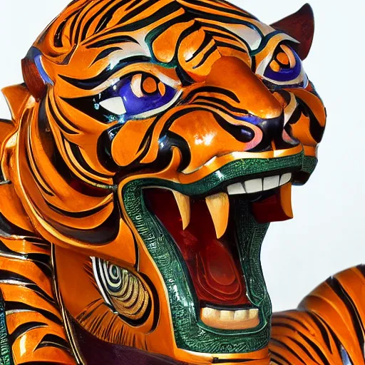 Image similar to breathtakingly cool beautiful stylised balinese carving ornate coloured sculpture tiger, extreme closeup, 8 k artstation