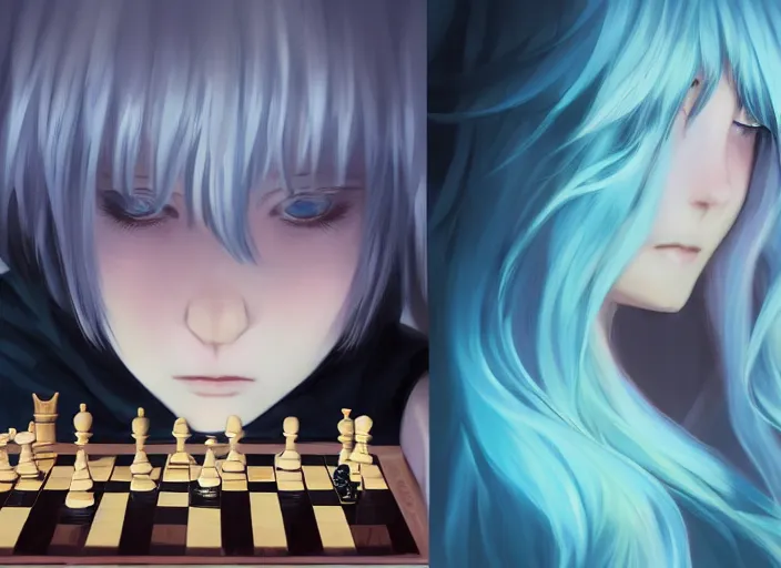 Image similar to rimuru playing chess, with gold eyes, straight hair, sky blue hair, long bangs, high collar, concept art, award winning photography, digital painting, cinematic, by wlop, anime key visual, wlop, 8 k, by ross tran, tom bagshaw, andy warhol