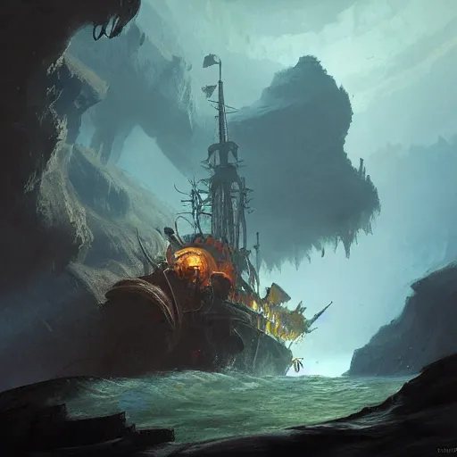 Image similar to a galleon ship, lost in a cave, by Darek Zabrocki