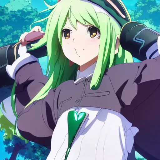 Image similar to anime key visual of a girl with a green outfit green hair and green eyes fascinated by a green paradise ; official media ; 4 k hd ; high quality ; in the rising of the shield hero ( 2 0 1 9 ), apex legends,
