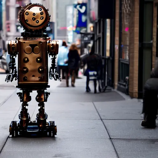 Image similar to a steampunk robot walking up a street in New York city.