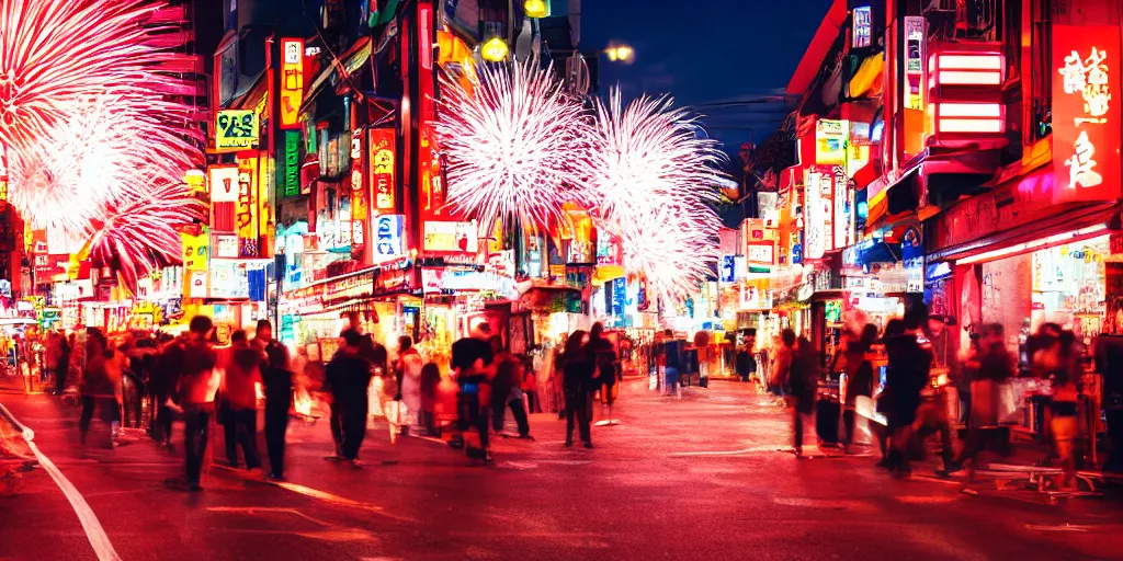 Prompt: street scene outside a japanese fireworks shop with people drinking and being happy, artistic shot, dynamic lighting, night time, neon lights, depth of field, motion blur, light streaks