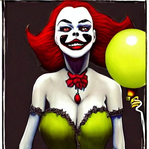 Image similar to grunge cartoon painting of margot robbie with a wide smile and a red balloon by chris leib, loony toons style, pennywise style, corpse bride style, horror theme, detailed, elegant, intricate