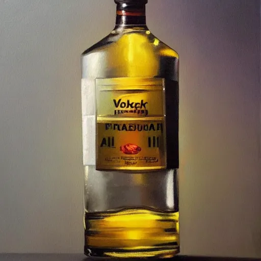 Prompt: a hyper-realistic studio still-life oil-painting of a-bottle-of-vodka; hyper-detailed; an extraordinary masterpiece!!!; flawless; trending on artstation