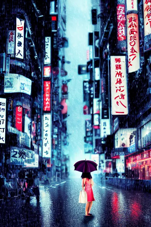 Prompt: A megan fox with an umbrella waiting to cross Shibuyas crossing in Japan, back facing the camera, rainy afternoon, beautiful volumetric lighting, intricate, digital painting, cyberpunk colours