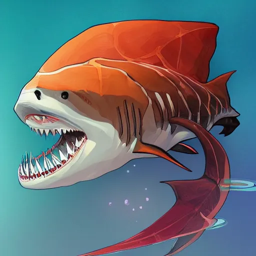 Prompt: great white shark, side view, with a silver and orange striped traffic cone construction cone on its dorsal fin, mandala background - ron cheng & alphonse mucha, highly detailed, digital painting, ray tracing, concept art, illustration, smooth sharp focus, intricate, symmetry, artstation,