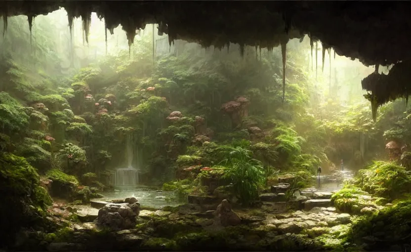 Image similar to painting of an interior of a hidden japanese hotspring in a small cave, fantasy, lush plants and flowers, natural light, concept art, by greg rutkowski, cozy atmospheric and cinematic lighting, trending on artstation