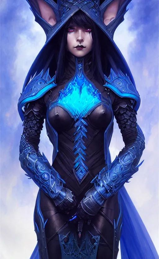 Image similar to Gothic elf princess in dark and blue dragon armor, sci-fi, highly detailed, digital painting, artstation, concept art, smooth, sharp focus, illustration, art by artgerm and greg rutkowski and alphonse mucha