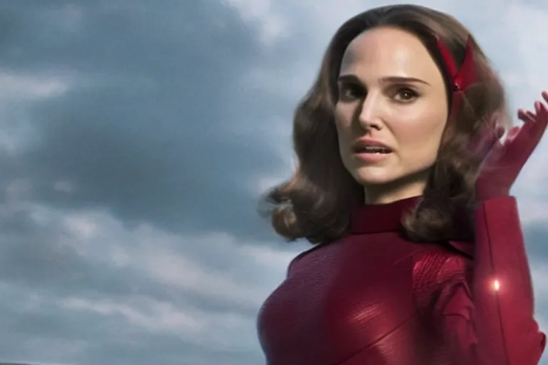 Prompt: film still of Natalie Portman as Wanda Maximoff Scarlett Witch in Wandavision