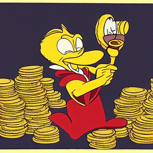 Image similar to scrooge sitting in a pile of gold coins and drinking champagne,in disney style, by don rosa