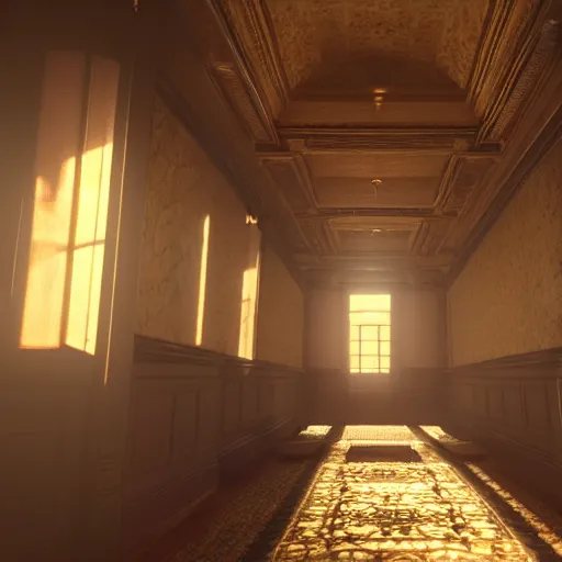 Image similar to inside a victorian hallway with bookcases on the walls, sunlight shines through the windows and produces rays of light in the dust ray traced unreal 5, ultra details