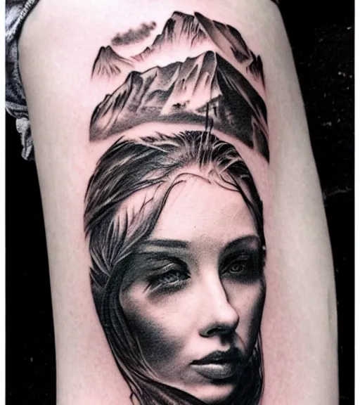 Image similar to hyper realism tattoo sketch of a beautiful woman face double exposure effect with beautiful mountain scene, in the style of matteo pasqualin, amazing detail, sharp, faded