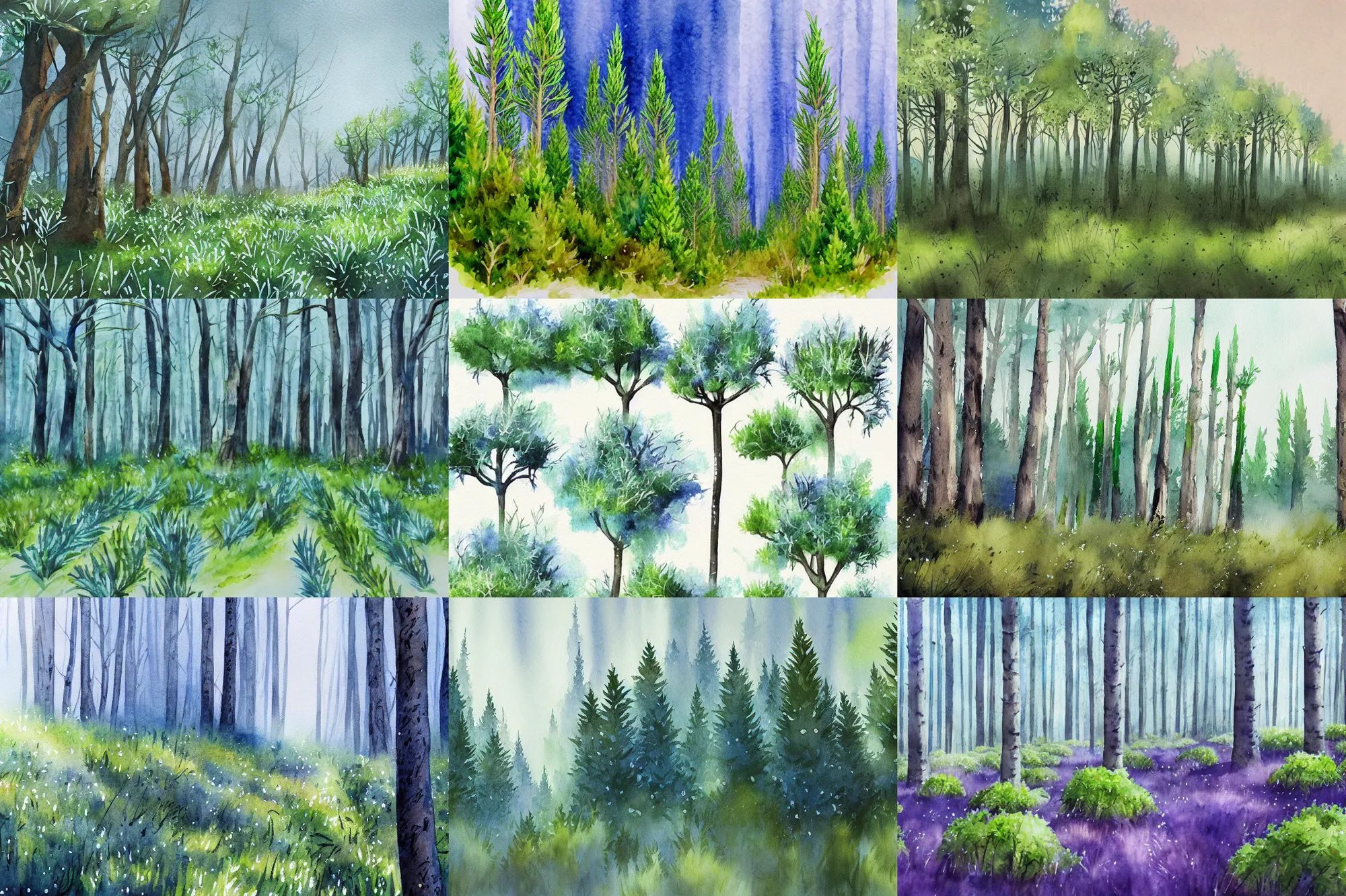 Prompt: rosemary forest, high quality watercolors, award winning, trending on artstation