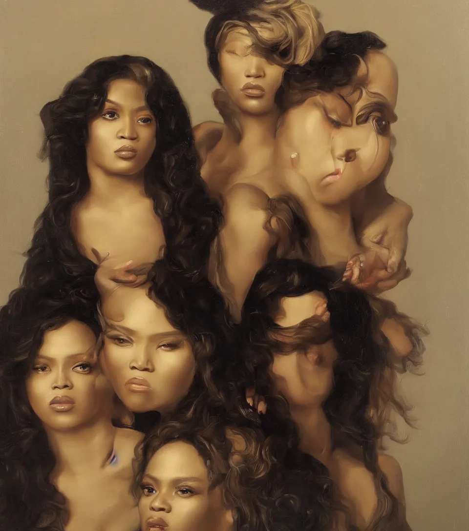 Prompt: portrait of beyonce and lil kim in the style of roberto ferri