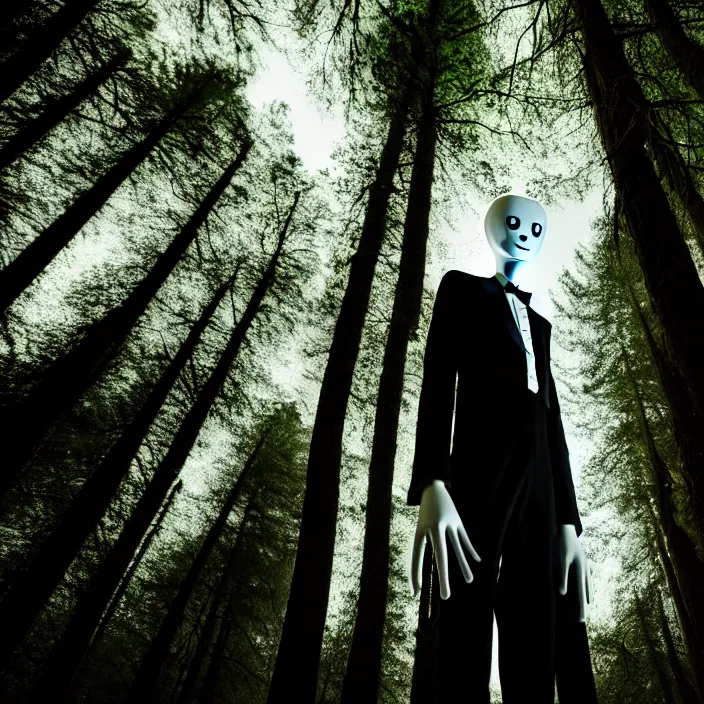 Image similar to cinematic still of slenderman in eerie dark forest, XF IQ4, f/1.4, ISO 200, 1/160s, 8K, RAW, dramatic lighting, symmetrical balance, in-frame