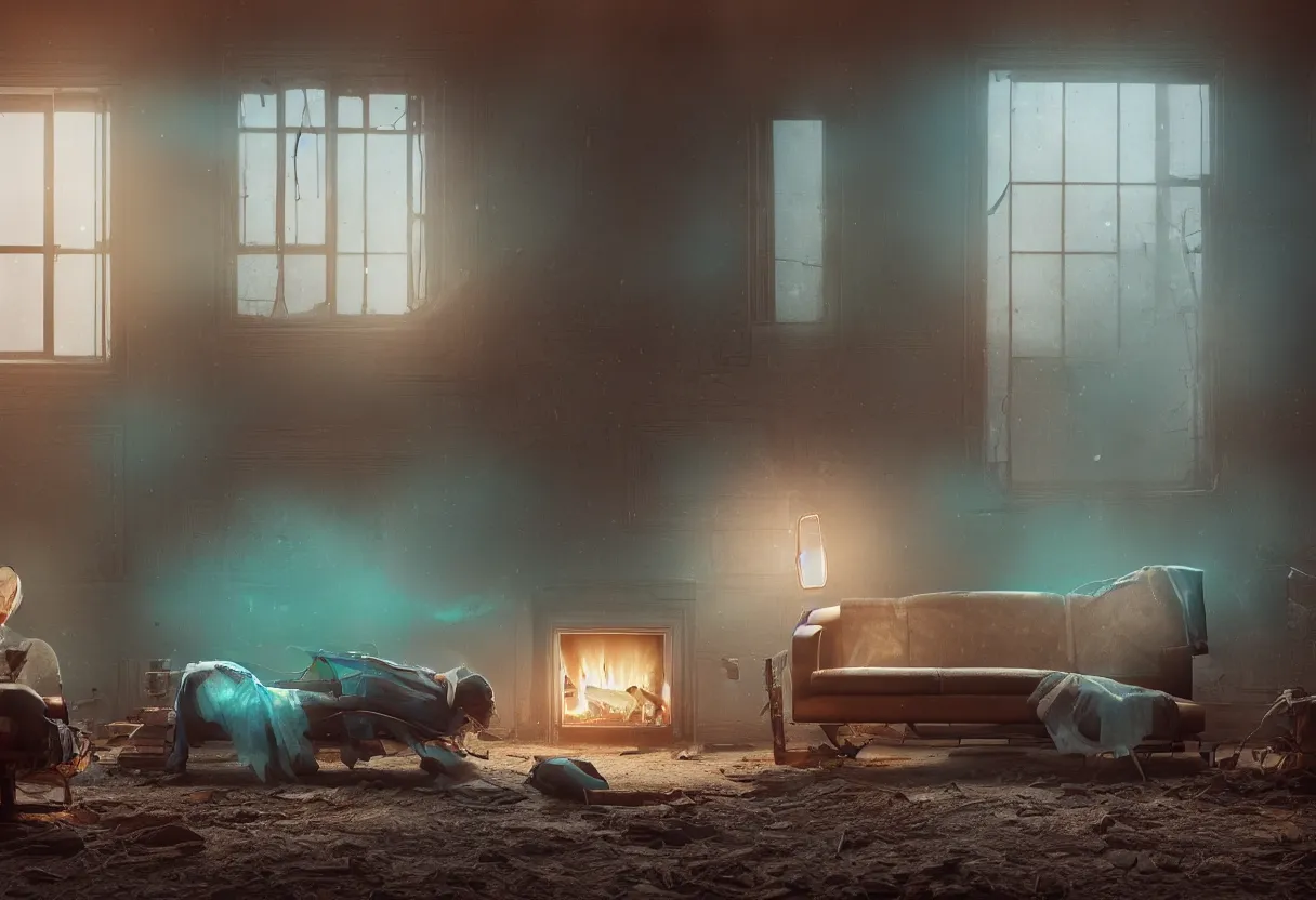 Image similar to intimate photograph of one single lone solitary cerulean and brown decaying futuristic robot lying on a frayed fainting couch in front of a beautiful fireplace with a cozy fire, in a dusty Victorian home, soft morning light seeping in a window, with cinematic lighting and lens flare, tall ceiling, octane render, cgsociety, by Simon Stalenhag and Rouhollah Toghyani and Sylvian Boussiron and Alfonso Cuaron, highly detailed closeup portrait, award-winning highly detailed 8k anamorphic closeup tight cinematic movie photograph