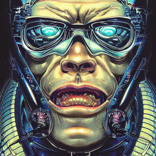 Image similar to portrait closeup of crazy terminator, symmetrical, cinematic colors, by yoichi hatakenaka, masamune shirow, josan gonzales and dan mumford, ayami kojima, takato yamamoto, barclay shaw, karol bak, yukito kishiro