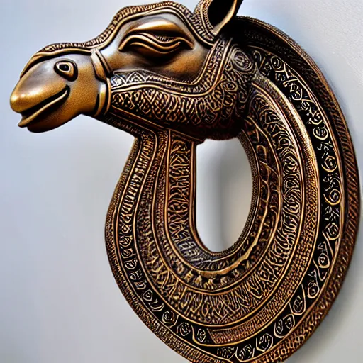 Image similar to gorgeous ornated bronze realistic detailed sacred camel wall decoration with filigree, islamic calligraphy