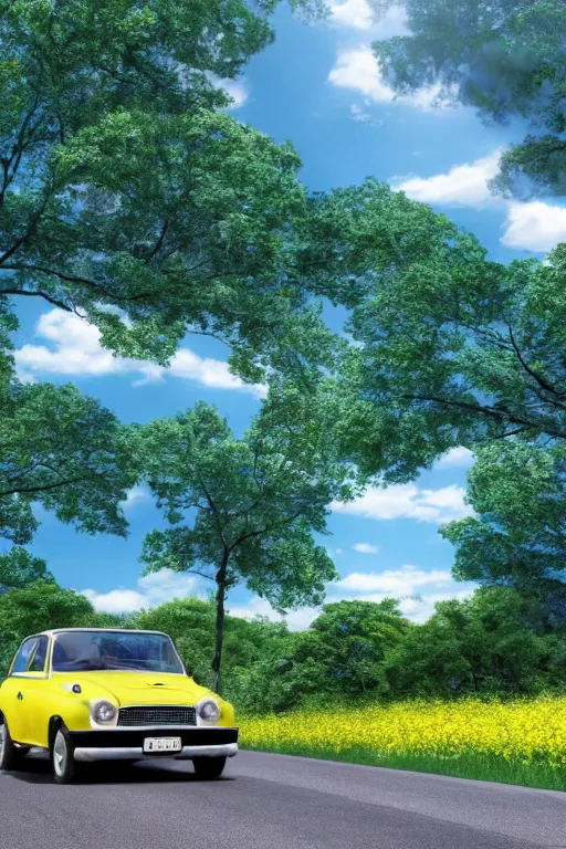 Prompt: a blue car is driving on a small road in the wild with small yellow flowers on both sides of the road, the weather is sunny, white clouds are blooming, movie texture, 8 k, hyper - realistic