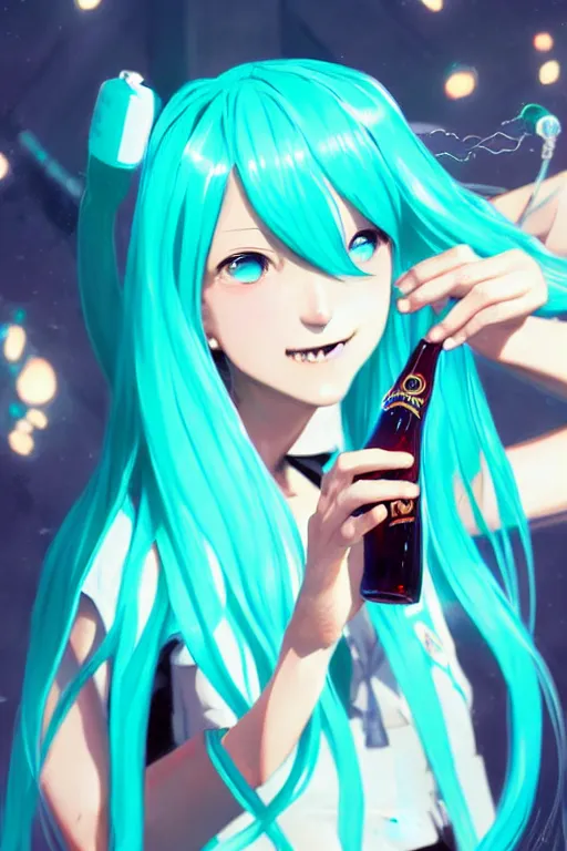 Image similar to Hatsune miku drinking a beer. visibly drunk. sci-fi, modern, colourful!! highly detailed, digital painting, artstation, concept art, sharp focus, illustration, by greg rutkowski