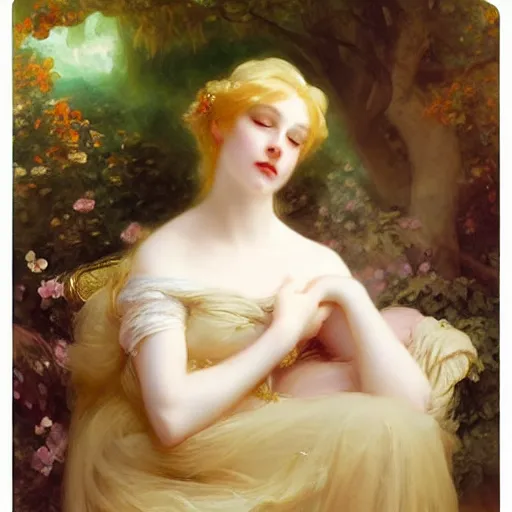 Image similar to blonde beautiful sleeping princess by Franz Xaver Winterhalter and Delphin Enjolras and Rebecca Guay