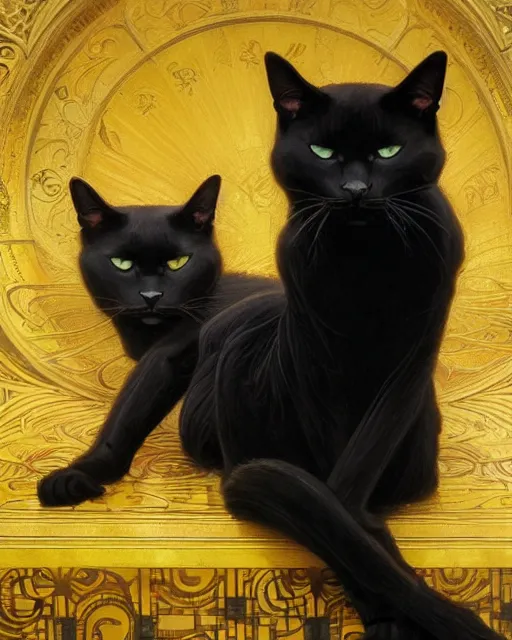 Image similar to Portrait of a giant black cat with yellow eyes and a sleeping blonde lady in Lisbon, real life skin, intricate, elegant, highly detailed, artstation, concept art, smooth, sharp focus, art by artgerm and greg rutkowski and alphonse mucha