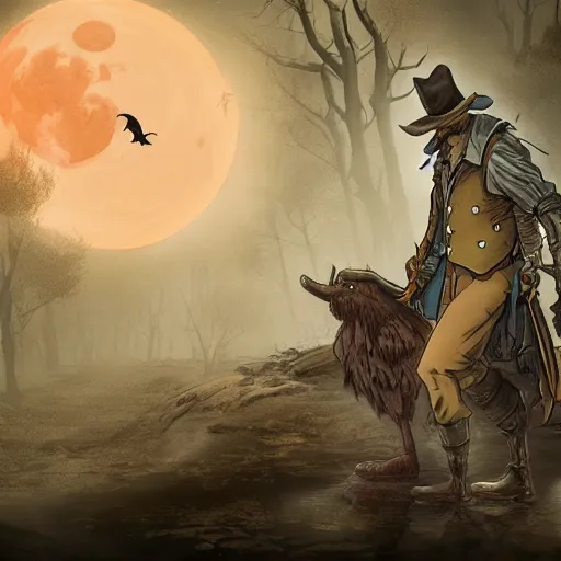 Image similar to a detailed 3 d render of darkwing duck dressed as the hunter from bloodborne, let's get dangerous, in the style animation of darkwing duck, digital art, dark fantasy, concept art, soulslike, by alphonse mucha, blood moon eclipse, wherewolves in a ruined building in the background, artstation, 8 k, unreal engine render